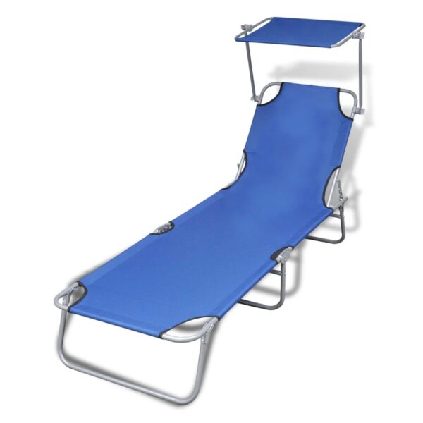 Adjustable Folding Sun Lounger with Canopy Blue Fabric Outdoor Patio Beach Chair