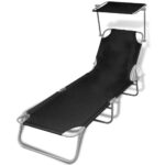 Folding Adjustable Sun Lounger with Canopy Outdoor Patio Garden Beach Chair Black