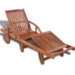 Adjustable Acacia Wood Sun Lounger with Wheels Pull-Out Table Outdoor Patio Deck