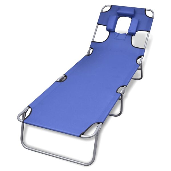 Adjustable Folding Sun Lounger with Head Cushion Comfortable Outdoor Blue Chair