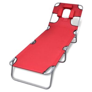 Folding Sun Lounger Adjustable Backrest Head Cushion Durable Steel Frame Red