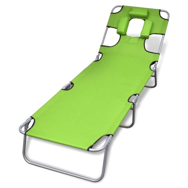 Folding Sun Lounger Adjustable Backrest Head Cushion Durable Steel Frame Green