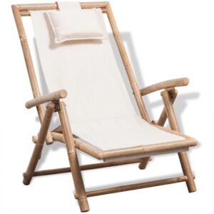 Adjustable Bamboo Deck Chair with White Canvas Seat and Pillow Outdoor Patio