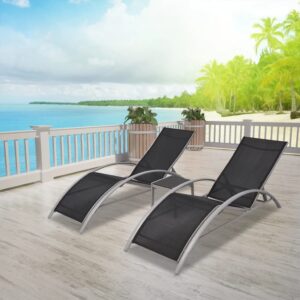 Adjustable Black Textilene Sun Loungers Set with Glass Top Side Table Outdoor