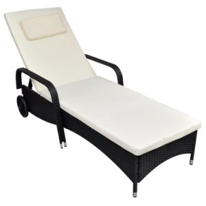 Adjustable Rattan Sun Lounger Cream Cushion Weatherproof UV Resistant Patio