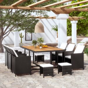 11 Piece Outdoor Dining Set Poly Rattan and Acacia Wood Black