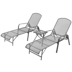 Contemporary Outdoor Patio Sun Lounger Set with Reclining Chairs & Mesh Table