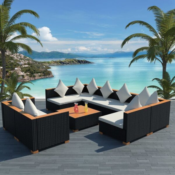 9 Piece Garden Lounge Set with Cushions Poly Rattan Black