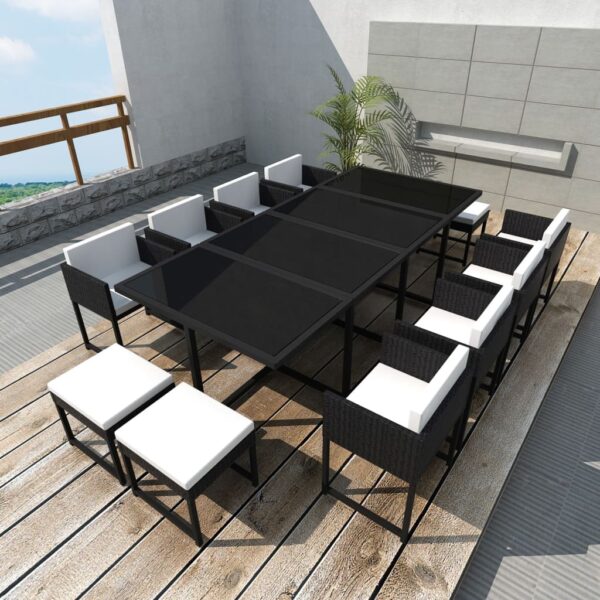 13 Piece Outdoor Dining Set with Cushions Poly Rattan Black