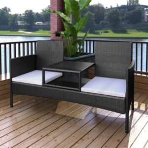 Outdoor Rattan Loveseat Bench with Integrated Tea Table Garden Patio Furniture