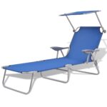 Adjustable Folding Sun Lounger with Canopy Blue Fabric Outdoor Recliner Chair