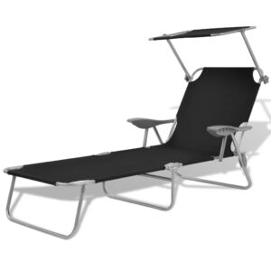 Adjustable Folding Sun Lounger with Canopy Outdoor Patio Beach Pool Chair Black