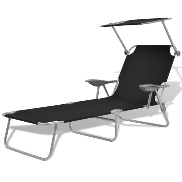 Adjustable Folding Sun Lounger with Canopy Outdoor Patio Beach Pool Chair Black