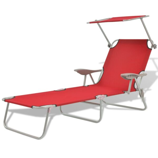 Adjustable Folding Sun Lounger with Canopy Red Fabric Outdoor Recliner Chair