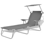 Adjustable Folding Sun Lounger with Canopy Steel Frame Weatherproof Grey Bed