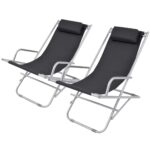 Set of Two Foldable Reclining Garden Lounge Chairs with Padded Headrest Black