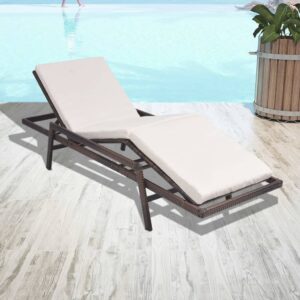 Adjustable Rattan Sun Lounger with Cream Cushion Weather Resistant Patio Bed