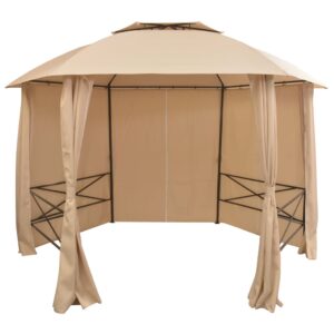 Elegant Hexagonal Garden Pavilion Gazebo with Curtains Outdoor Canopy Beige