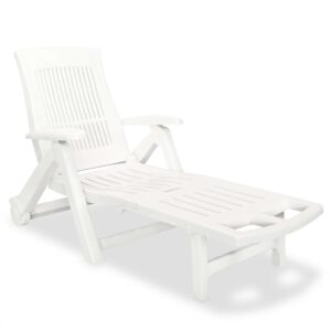 White Outdoor Sun Lounger Recliner Chair with Wheels Weather Resistant Foldable