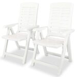 Set of Two White Plastic Reclining Garden Patio Chairs Weather Resistant Foldable