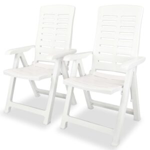 Set of Two White Plastic Reclining Garden Patio Chairs Weather Resistant Foldable