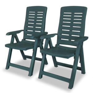 Set of Two Weather Resistant Reclining Garden Patio Chairs in Green with Armrest