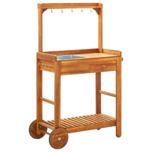 Outdoor Acacia Wood Serving Cart Kitchen Trolley with Storage Hooks and Tray