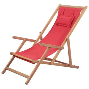 Comfortable Red Folding Wooden Beach Chair Fabric Seat Adjustable Recliner