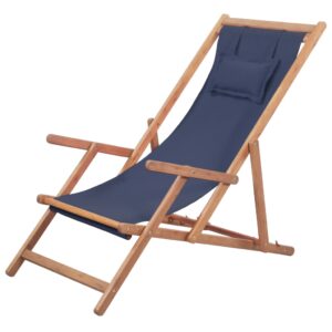 Comfortable Folding Wooden Beach Chair Blue Fabric Recliner Adjustable Portable