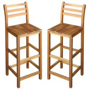 Set of Two Solid Acacia Wood Bar Stools with Backrest Footrest for Indoor Outdoor