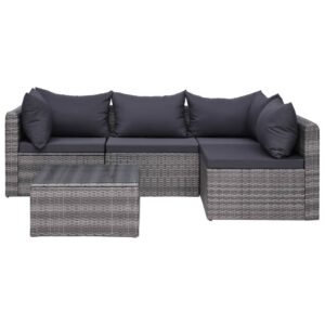 5 Piece Garden Sofa Set with Cushions & Pillows Poly Rattan Grey