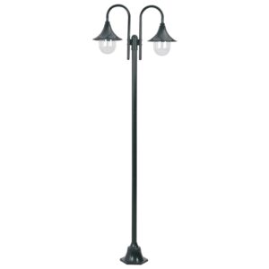 Garden Post Light E27 220 cm Aluminium 2-Lantern Dark Green