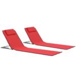 Folding Beach Mats Set of Two with Backrests  Portable Sun Loungers Red Fabric