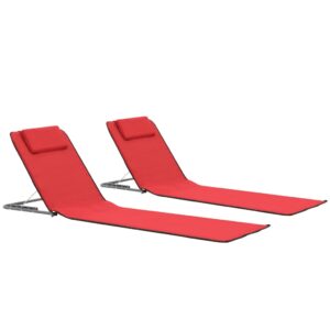 Folding Beach Mats Set of Two with Backrests  Portable Sun Loungers Red Fabric