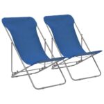 Folding Beach Chairs Set of Two Durable Steel Frame Oxford Fabric Reclining Blue