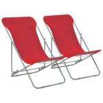 Folding Beach Chairs Set of Two Durable Steel Frame Adjustable Reclining Red