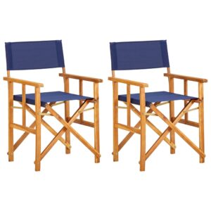 Folding Director's Chairs Set of Two Solid Acacia Wood Comfortable Outdoor Seating Blue