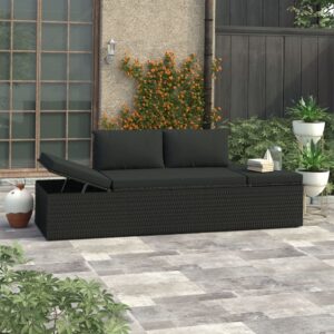 Outdoor Rattan Lounge Bed Adjustable Poolside Patio Furniture with Cushions Black