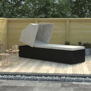 Outdoor Adjustable Rattan Sunbed with Canopy Cream Cushion Patio Furniture