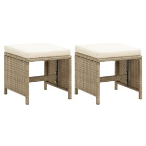 Outdoor Rattan Garden Stools Set with Comfort Cushions Patio Seating Beige