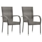 Contemporary Grey Poly Rattan Stackable Garden Patio Chairs Set of Two Outdoor