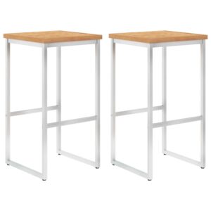 Bar Stools 2 pcs Solid Teak Wood and Stainless Steel