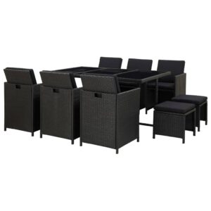 11 Piece Outdoor Dining Set with Cushions Poly Rattan Black