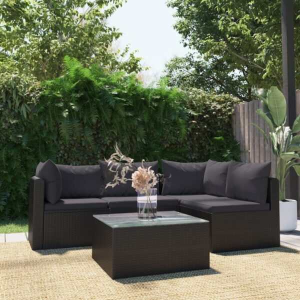 5 Piece Garden Lounge Set with Cushions Poly Rattan Black