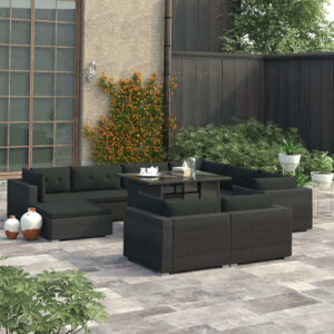 10 Piece Garden Lounge Set with Cushions Poly Rattan Black