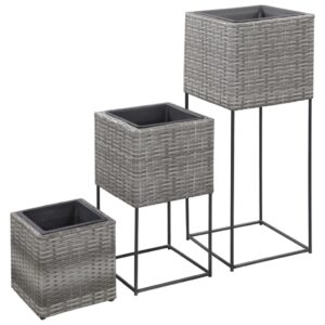 Garden Raised Beds 3 pcs Poly Rattan Grey