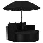 Garden Bed with Parasol Poly Rattan Black