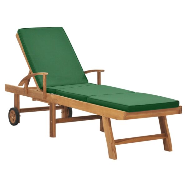 Adjustable Teak Wood Sun Lounger with Green Cushion and Pull-Out Table