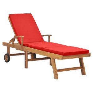 Adjustable Teak Wood Sun Lounger with Red Cushion Outdoor Patio Garden Pool