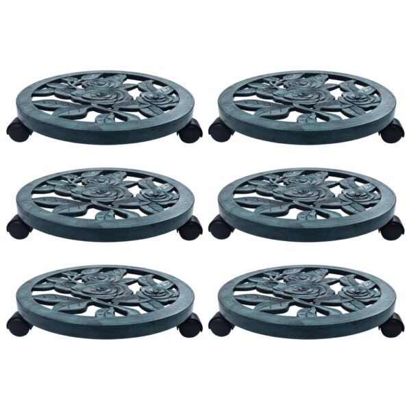 Set of Six Durable Green Plastic Plant Caddies with Rotatable Castors